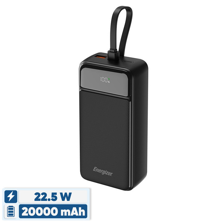 پاوربانک 22.5 وات انرجایزر مدل UE20084PQ ظرفیت 20000 میلیآمپرساعت به همراه سه کابل متصل USB-C و لایتنینگ