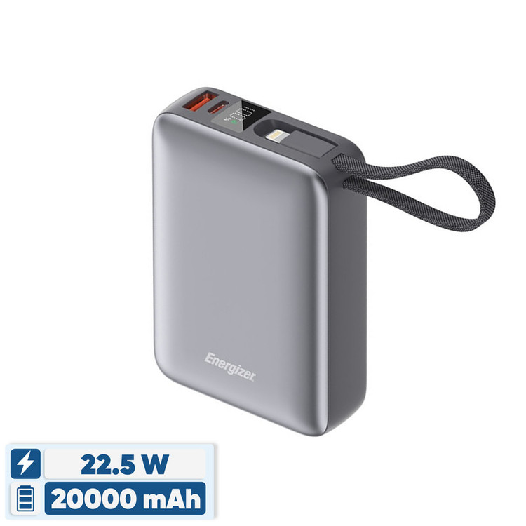 پاوربانک 22.5 وات انرجایزر مدل UE20085PQ ظرفیت 20000 میلیآمپرساعت به همراه کابل متصل لایتنینگ