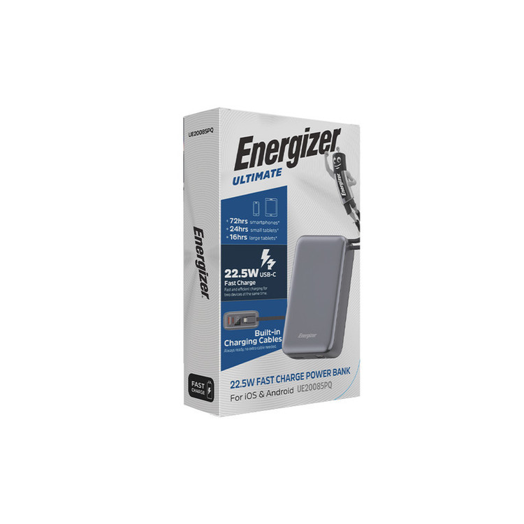 پاوربانک 22.5 وات انرجایزر مدل UE20085PQ ظرفیت 20000 میلیآمپرساعت به همراه کابل متصل لایتنینگ
